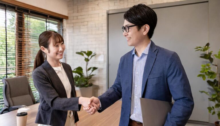 Firefly 握手している男性ケアマネジャー30歳と女性ケアマネジャー32歳　二人とも日本人　笑顔で服装はカジュアル　事務所 44789